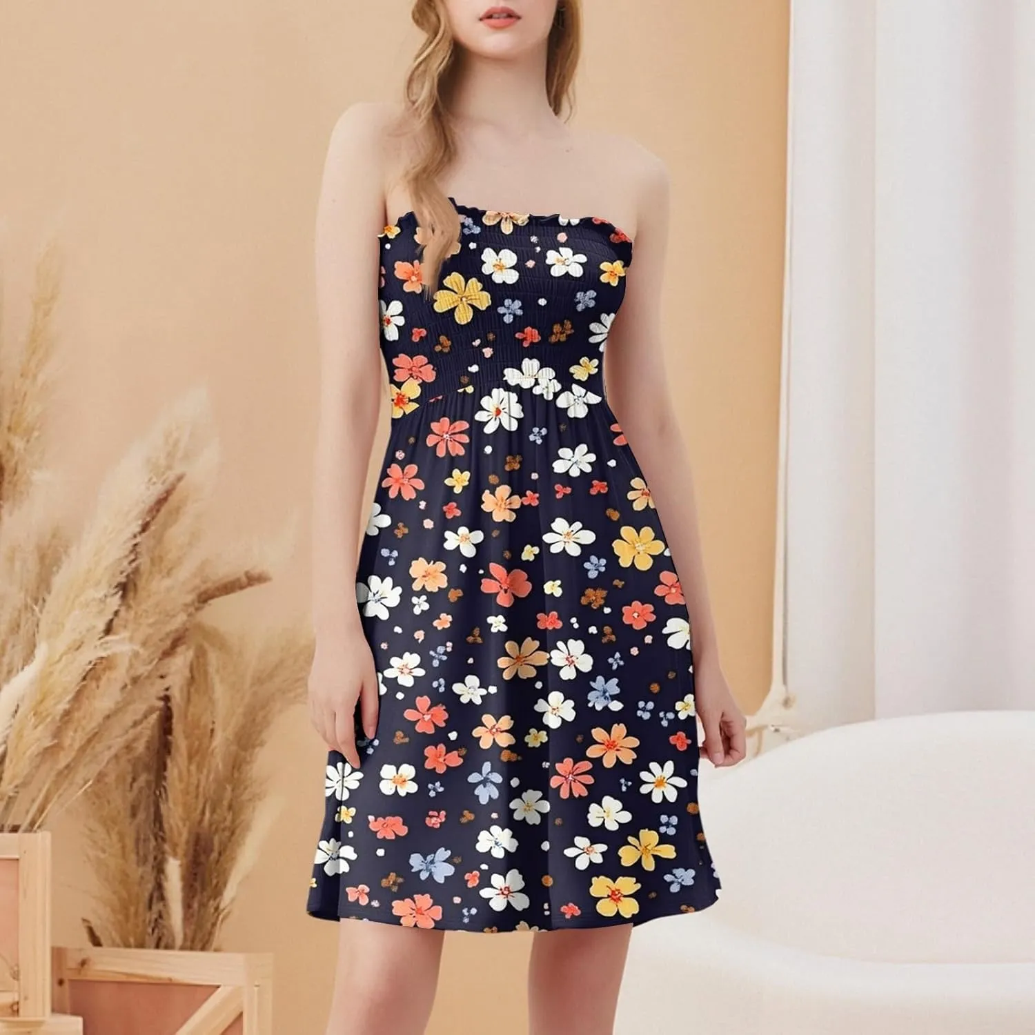 Summer Dresses for Women 2025 Classy Floral Smocked Tube Top Mini Dress Elegant Empire Waist Sleeveless Ruffle Sundress