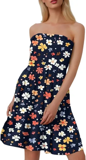 Summer Dresses for Women 2025 Classy Floral Smocked Tube Top Mini Dress Elegant Empire Waist Sleeveless Ruffle Sundress
