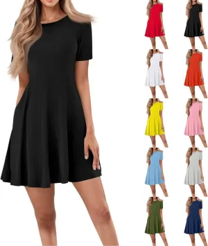 Summer Dresses for Women 2025 Crewneck Short Sleeve Mini Dress Casual T Shirt Flowy Swing Beach Vacation Dresses