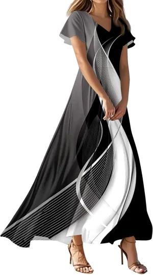 Summer Dresses for Women 2025 Elegant Classy Flowy Ruffle Swing V Neck A Line Dress Casual Boho Long Maxi Sundresses