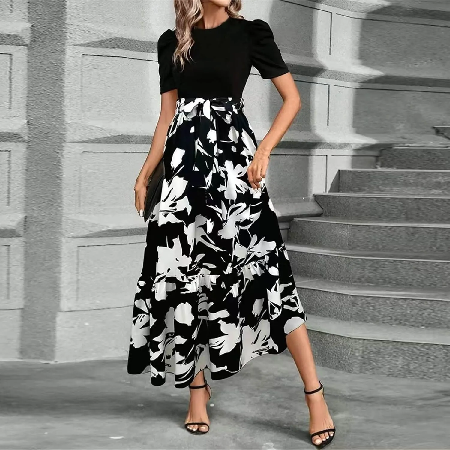 Summer Dresses for Women 2025 Empire Waist Wrap Floral Print High Waist Fashion Elegant Tea Party Dresses