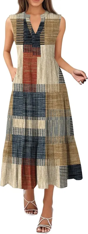 Summer Dresses for Women 2025 Maxi Casual Floral Boho Sundresses Sleeveless V-Neck Pleated Beach Vacation Tank Dress