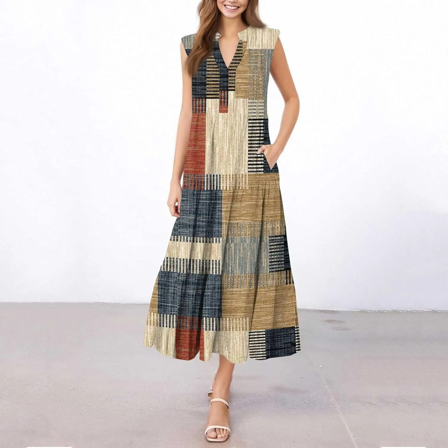 Summer Dresses for Women 2025 Maxi Casual Floral Boho Sundresses Sleeveless V-Neck Pleated Beach Vacation Tank Dress