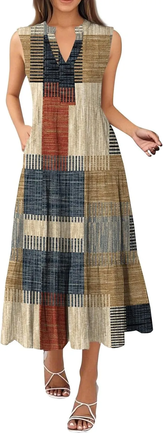 Summer Dresses for Women 2025 Maxi Casual Floral Boho Sundresses Sleeveless V-Neck Pleated Beach Vacation Tank Dress