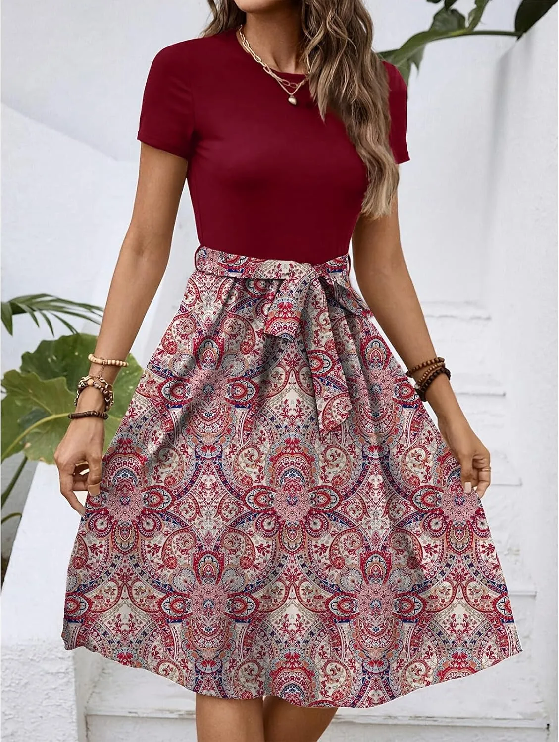 Summer Dresses for Women 2025 Office Work Teacher Dress with Tie Waist Short Sleeve Wrap Around Midi Dresses