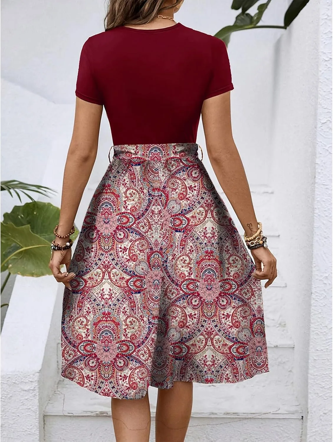 Summer Dresses for Women 2025 Office Work Teacher Dress with Tie Waist Short Sleeve Wrap Around Midi Dresses