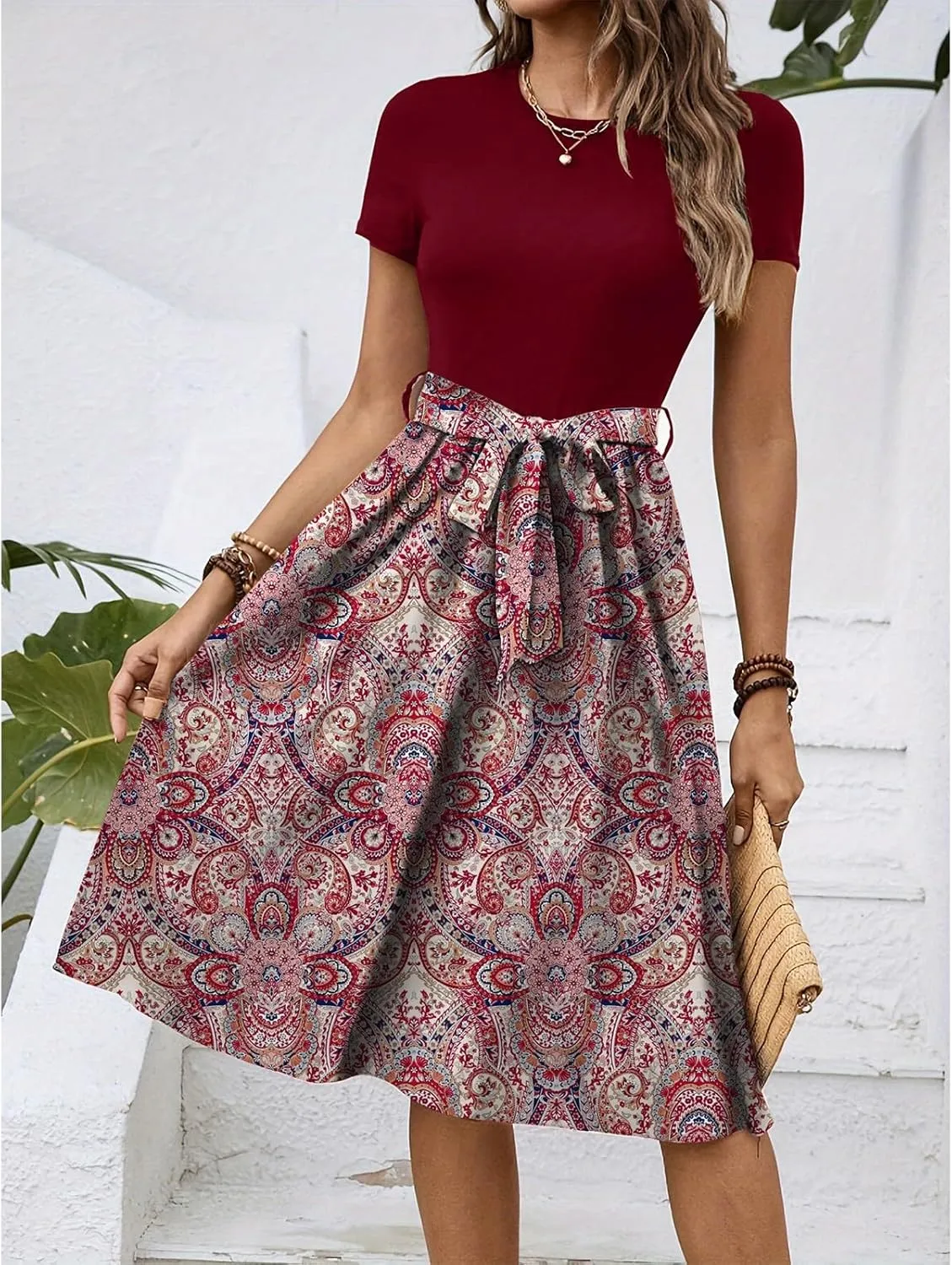 Summer Dresses for Women 2025 Office Work Teacher Dress with Tie Waist Short Sleeve Wrap Around Midi Dresses