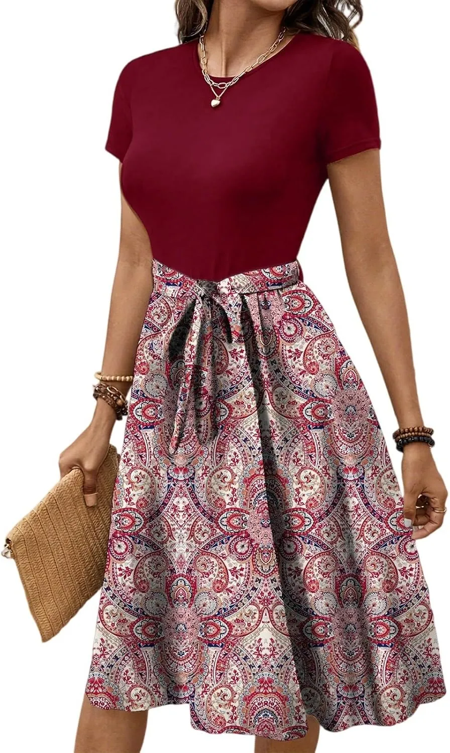 Summer Dresses for Women 2025 Office Work Teacher Dress with Tie Waist Short Sleeve Wrap Around Midi Dresses