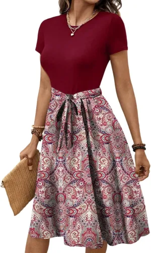 Summer Dresses for Women 2025 Office Work Teacher Dress with Tie Waist Short Sleeve Wrap Around Midi Dresses
