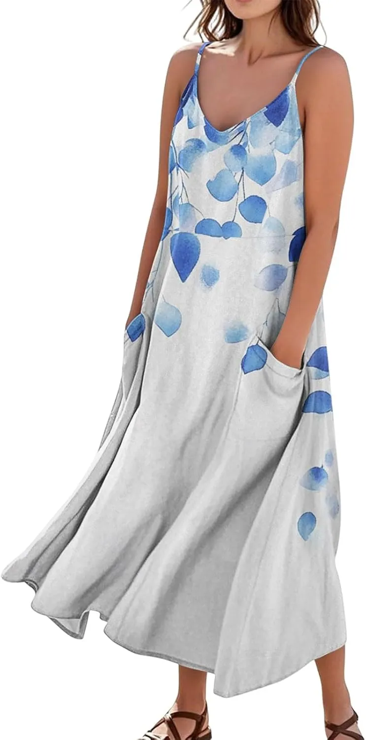 Summer Dresses for Women 2025 Trendy Floral Spaghetti Strap Maxi Sundresses Tropical Paisley Sleeveless Dress with Pockets