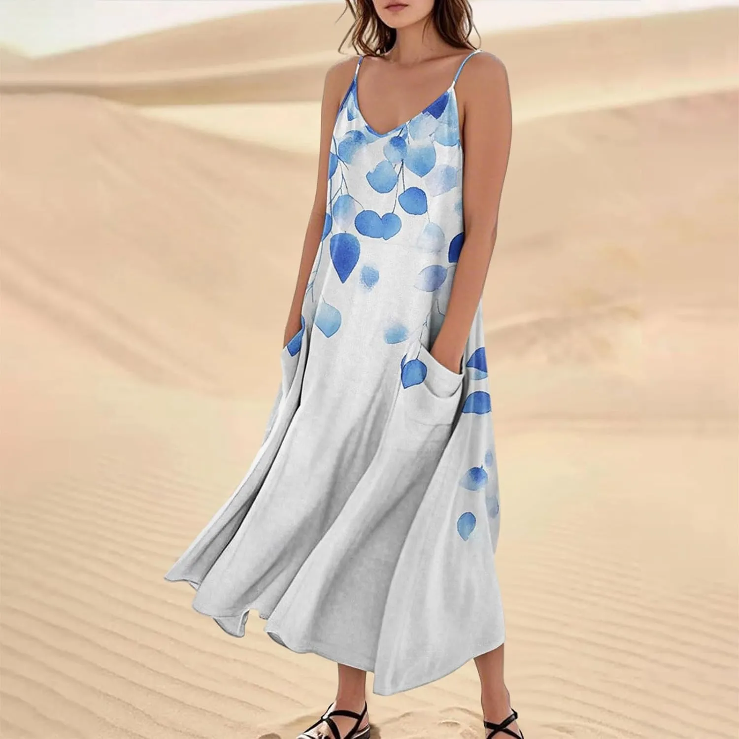 Summer Dresses for Women 2025 Trendy Floral Spaghetti Strap Maxi Sundresses Tropical Paisley Sleeveless Dress with Pockets