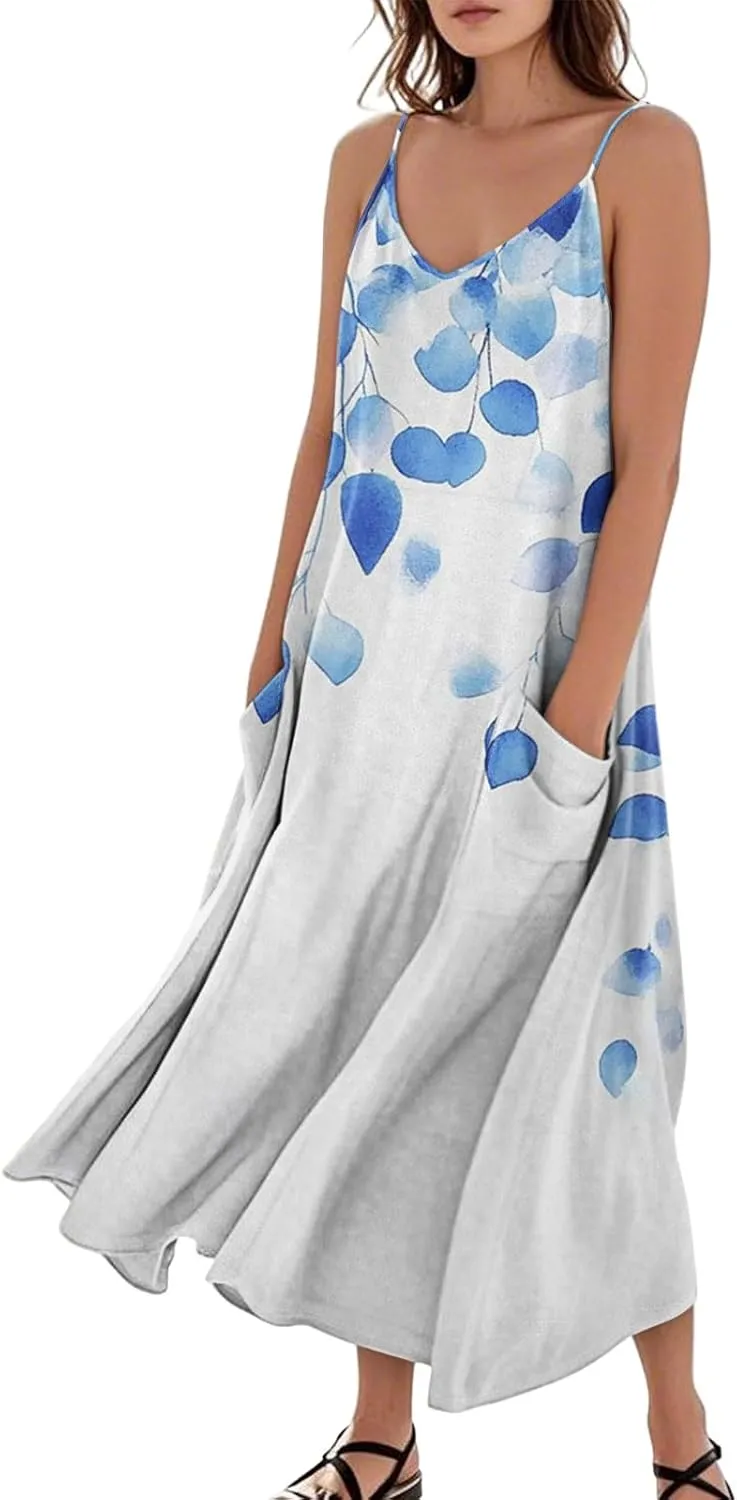 Summer Dresses for Women 2025 Trendy Floral Spaghetti Strap Maxi Sundresses Tropical Paisley Sleeveless Dress with Pockets