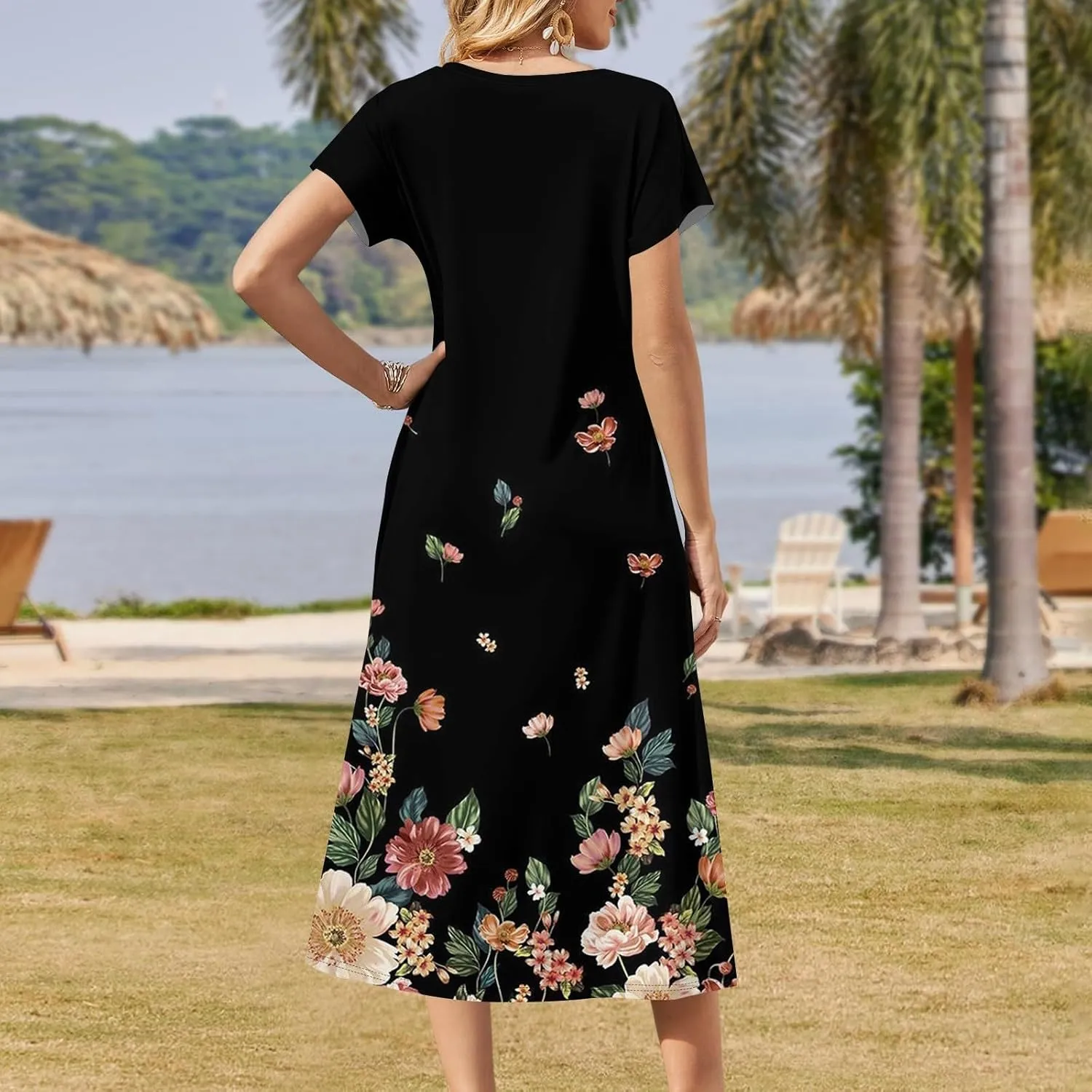 Summer Dresses for Women Casual Split Long Dress Loose T Shirt Dress Floral Print Short Sleeve Beach Dress with Pockets