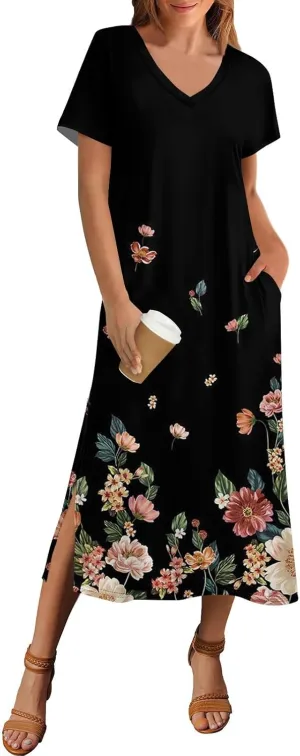Summer Dresses for Women Casual Split Long Dress Loose T Shirt Dress Floral Print Short Sleeve Beach Dress with Pockets
