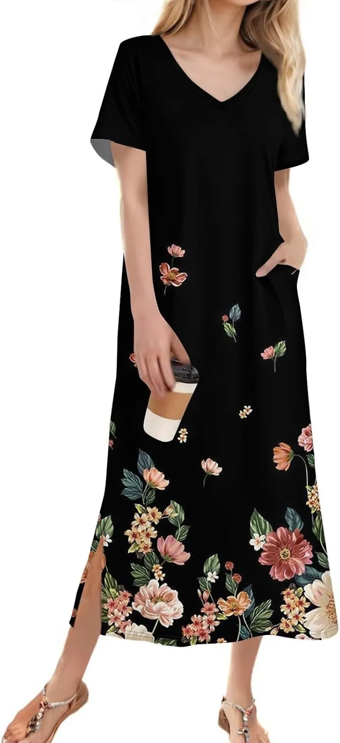 Summer Dresses for Women Casual Split Long Dress Loose T Shirt Dress Floral Print Short Sleeve Beach Dress with Pockets