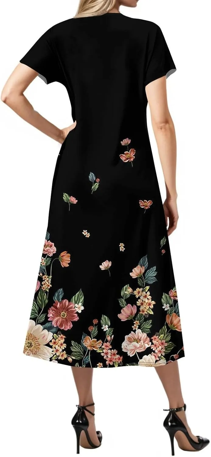 Summer Dresses for Women Casual Split Long Dress Loose T Shirt Dress Floral Print Short Sleeve Beach Dress with Pockets