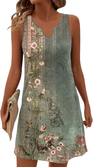 Summer Dresses for Women V-Neck Sundresses Sleeveless Loose Sleep Dress Beach Tank Dress Floral Casual T Shirt Dresses