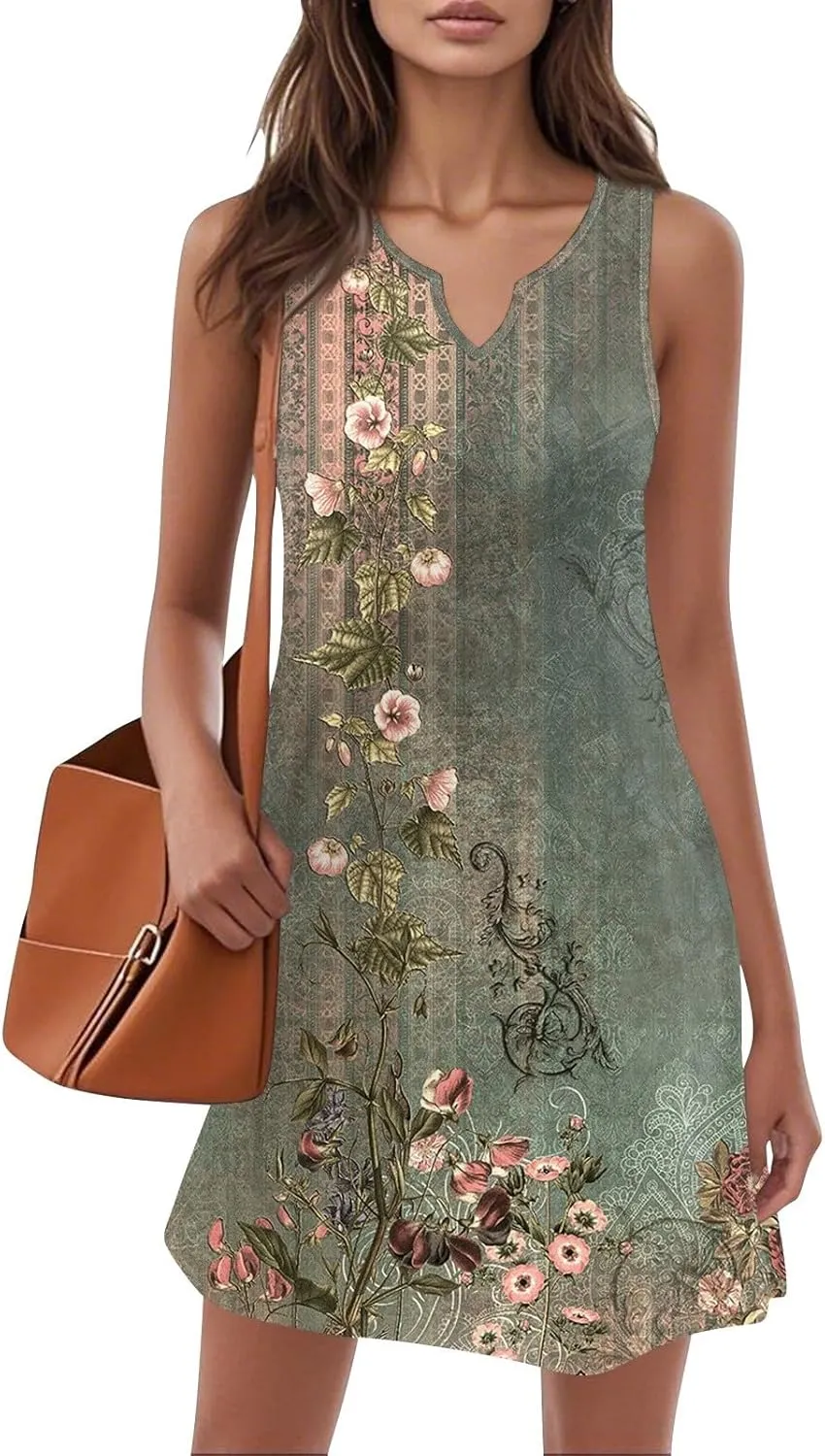 Summer Dresses for Women V-Neck Sundresses Sleeveless Loose Sleep Dress Beach Tank Dress Floral Casual T Shirt Dresses
