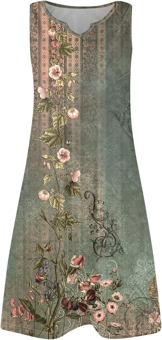 Summer Dresses for Women V-Neck Sundresses Sleeveless Loose Sleep Dress Beach Tank Dress Floral Casual T Shirt Dresses