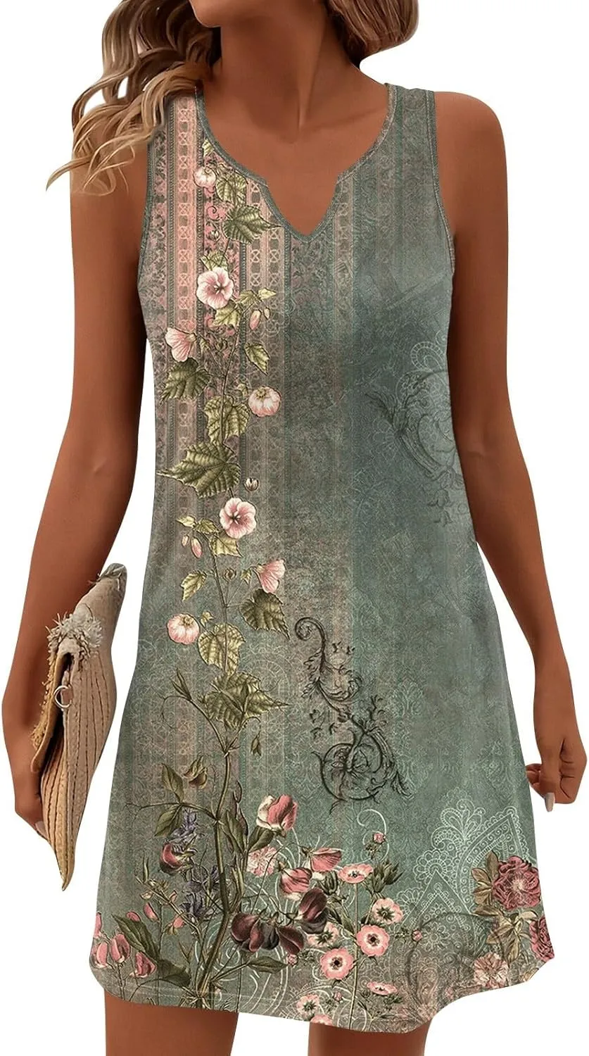 Summer Dresses for Women V-Neck Sundresses Sleeveless Loose Sleep Dress Beach Tank Dress Floral Casual T Shirt Dresses