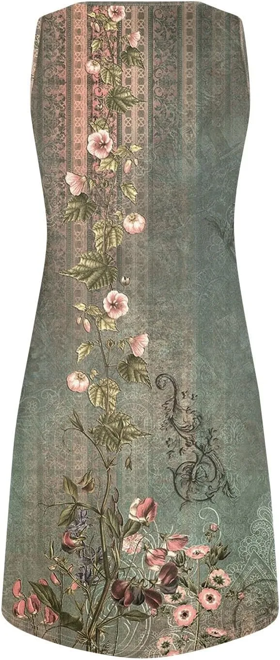 Summer Dresses for Women V-Neck Sundresses Sleeveless Loose Sleep Dress Beach Tank Dress Floral Casual T Shirt Dresses