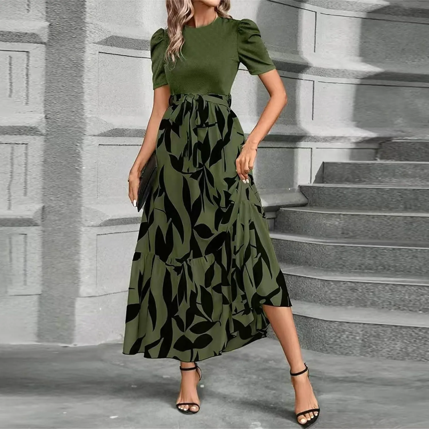 Summer Long Dresses for Women 2025 Elegant Floral Print Puff Sleeve Waist Tie and Asymmetric Hem Sundresses