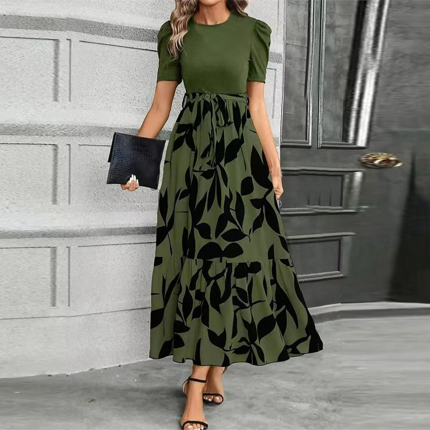 Summer Long Dresses for Women 2025 Elegant Floral Print Puff Sleeve Waist Tie and Asymmetric Hem Sundresses