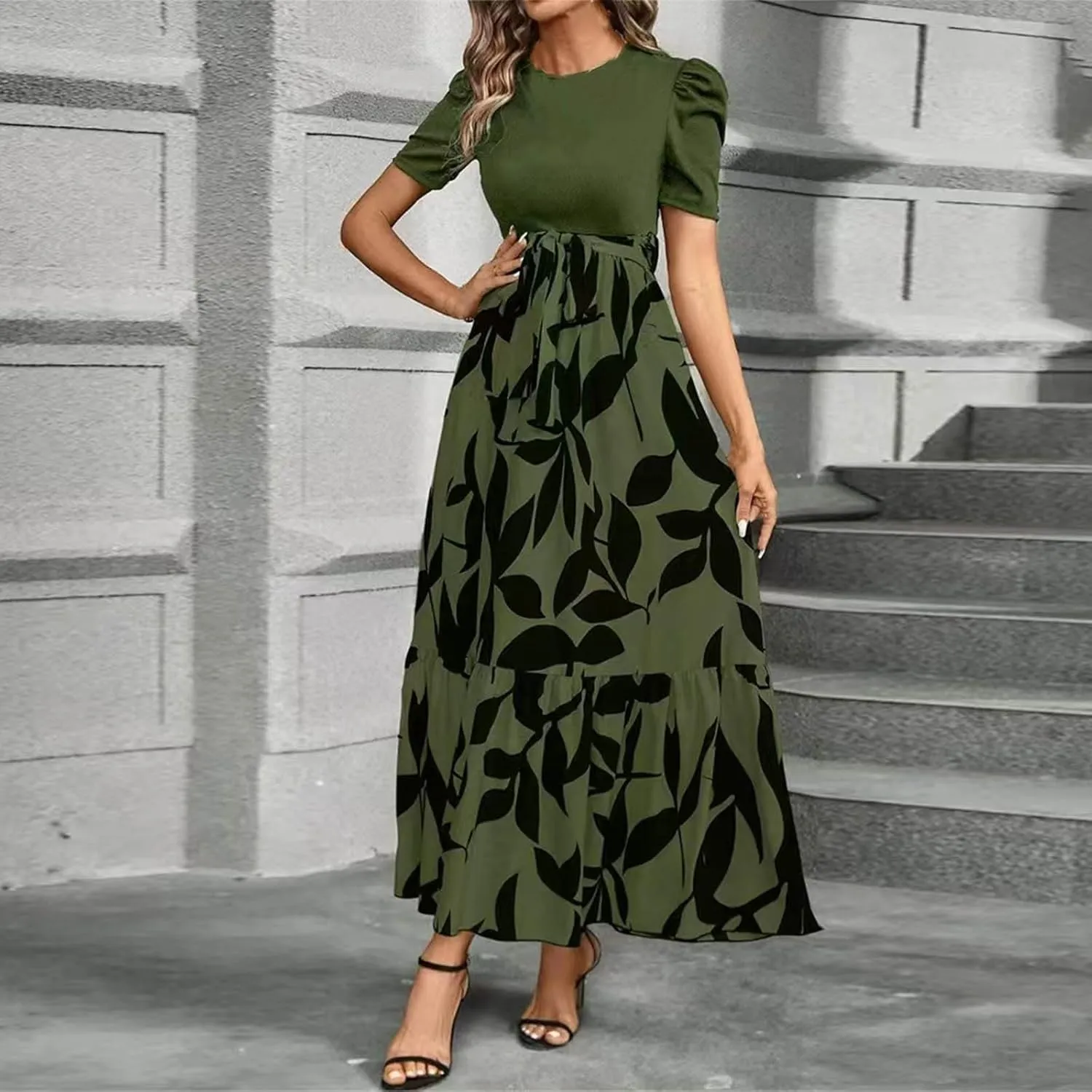 Summer Long Dresses for Women 2025 Elegant Floral Print Puff Sleeve Waist Tie and Asymmetric Hem Sundresses