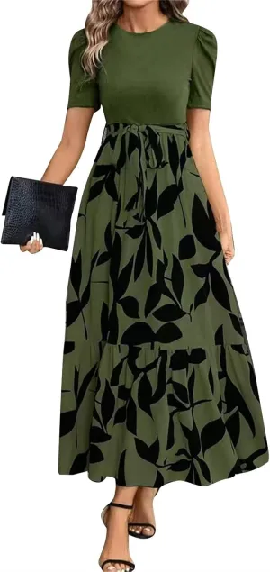 Summer Long Dresses for Women 2025 Elegant Floral Print Puff Sleeve Waist Tie and Asymmetric Hem Sundresses