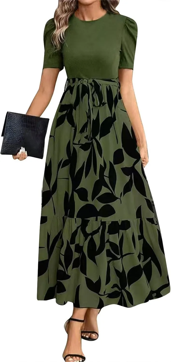 Summer Long Dresses for Women 2025 Elegant Floral Print Puff Sleeve Waist Tie and Asymmetric Hem Sundresses