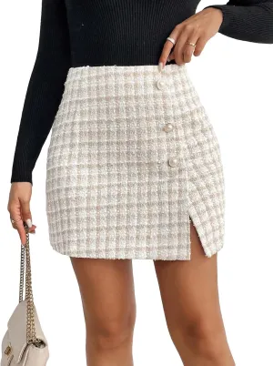 SweatyRocks Women's Elegant High Waist A-line Plaid Tweed Mini Skirt