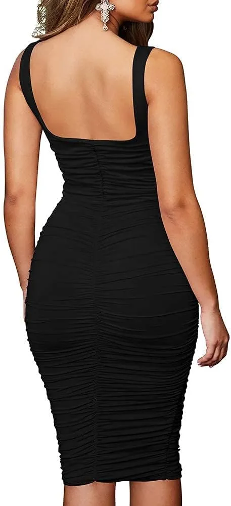 TOPSRANI Women Sexy Midi Dress Bodycon Casual Sleeveless Basic Ruched Tank Summer Club Party Dresses