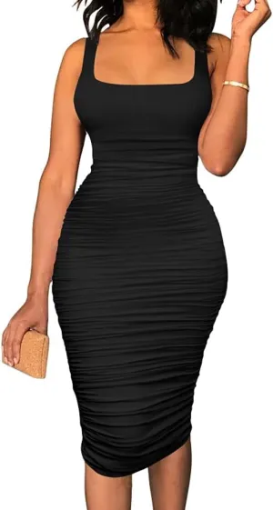 TOPSRANI Women Sexy Midi Dress Bodycon Casual Sleeveless Basic Ruched Tank Summer Club Party Dresses
