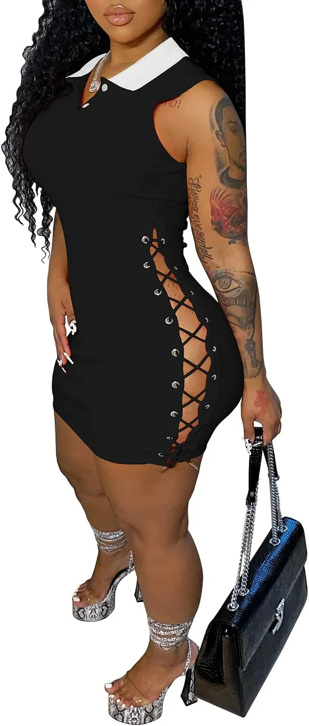TOPSRANI Womens Bodycon Mini Dress Casual Short Summer Lace Up Drawstring Cutout Sleeveless Solid Night Club Party Sexy