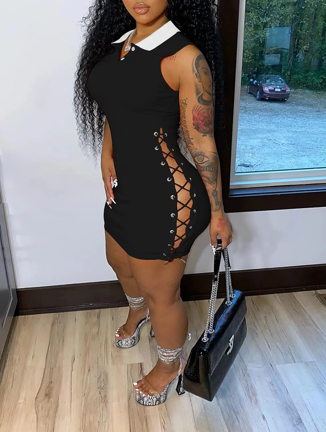TOPSRANI Womens Bodycon Mini Dress Casual Short Summer Lace Up Drawstring Cutout Sleeveless Solid Night Club Party Sexy