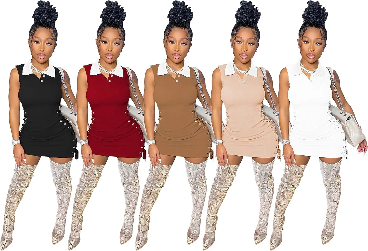 TOPSRANI Womens Bodycon Mini Dress Casual Short Summer Lace Up Drawstring Cutout Sleeveless Solid Night Club Party Sexy