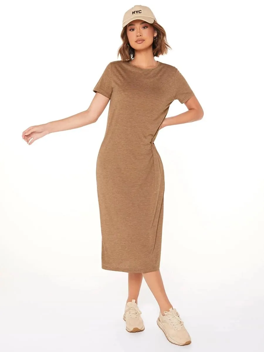 Vestido Tubinho Midi Fenda Manga Curta Casual