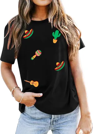 VVNTY Cinco De Mayo T Shirt for Women: Let's Fiesta Shirts Funny Mexican Party Tee Sombrero 5 De Mayo Graphic Tops