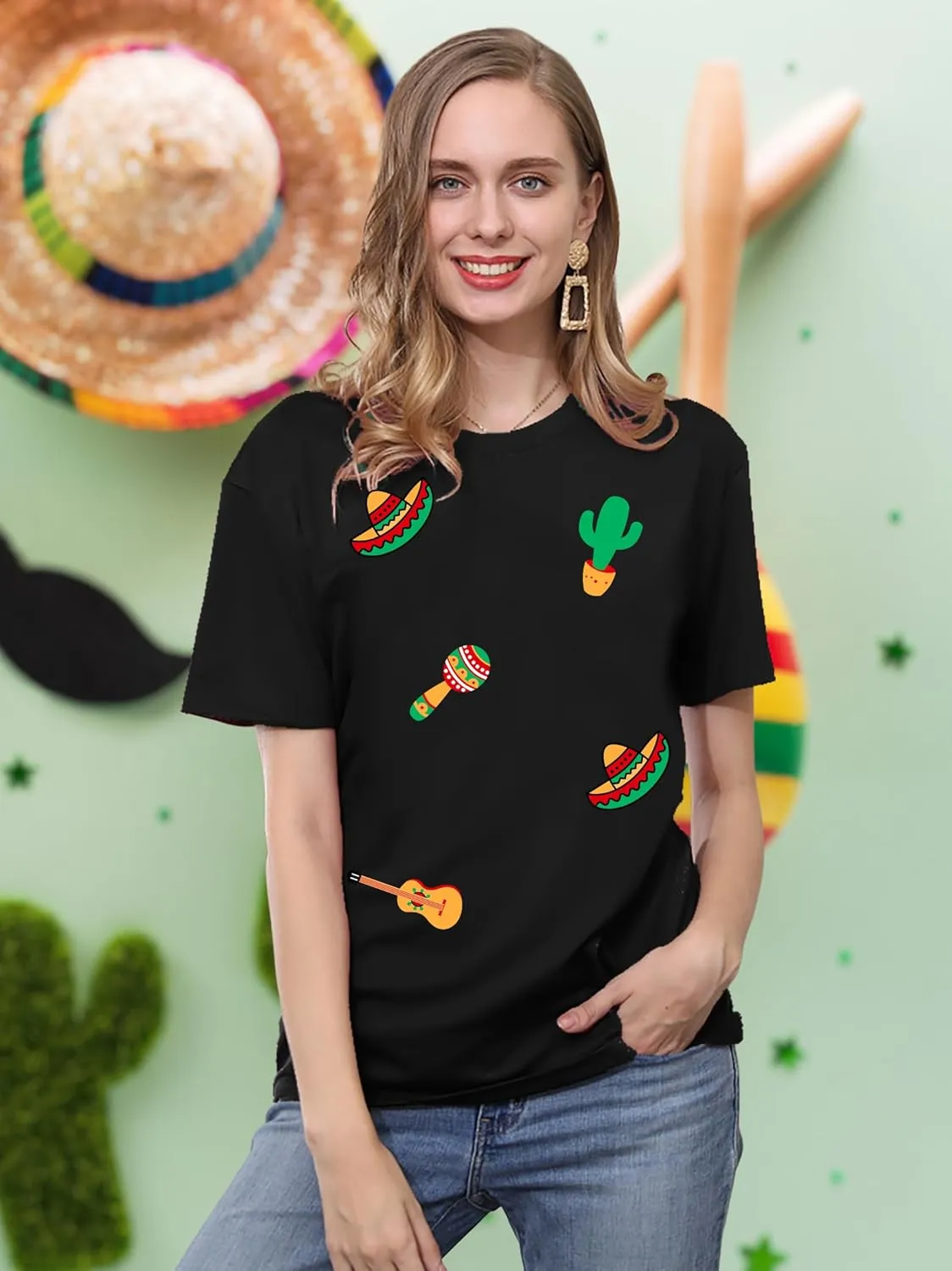 VVNTY Cinco De Mayo T Shirt for Women: Let's Fiesta Shirts Funny Mexican Party Tee Sombrero 5 De Mayo Graphic Tops