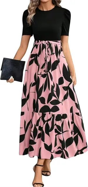 Wedding Guest Dresses for Women Summer Short Sleeve Floral Long Dress Elegant Party Cocktail A Line Flowy Maxi Dress