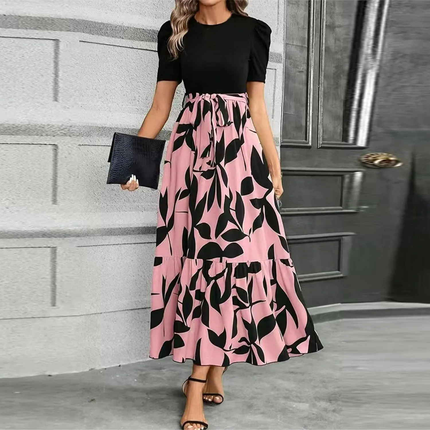 Wedding Guest Dresses for Women Summer Short Sleeve Floral Long Dress Elegant Party Cocktail A Line Flowy Maxi Dress