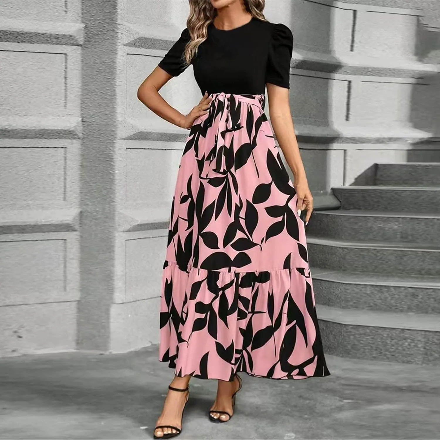Wedding Guest Dresses for Women Summer Short Sleeve Floral Long Dress Elegant Party Cocktail A Line Flowy Maxi Dress