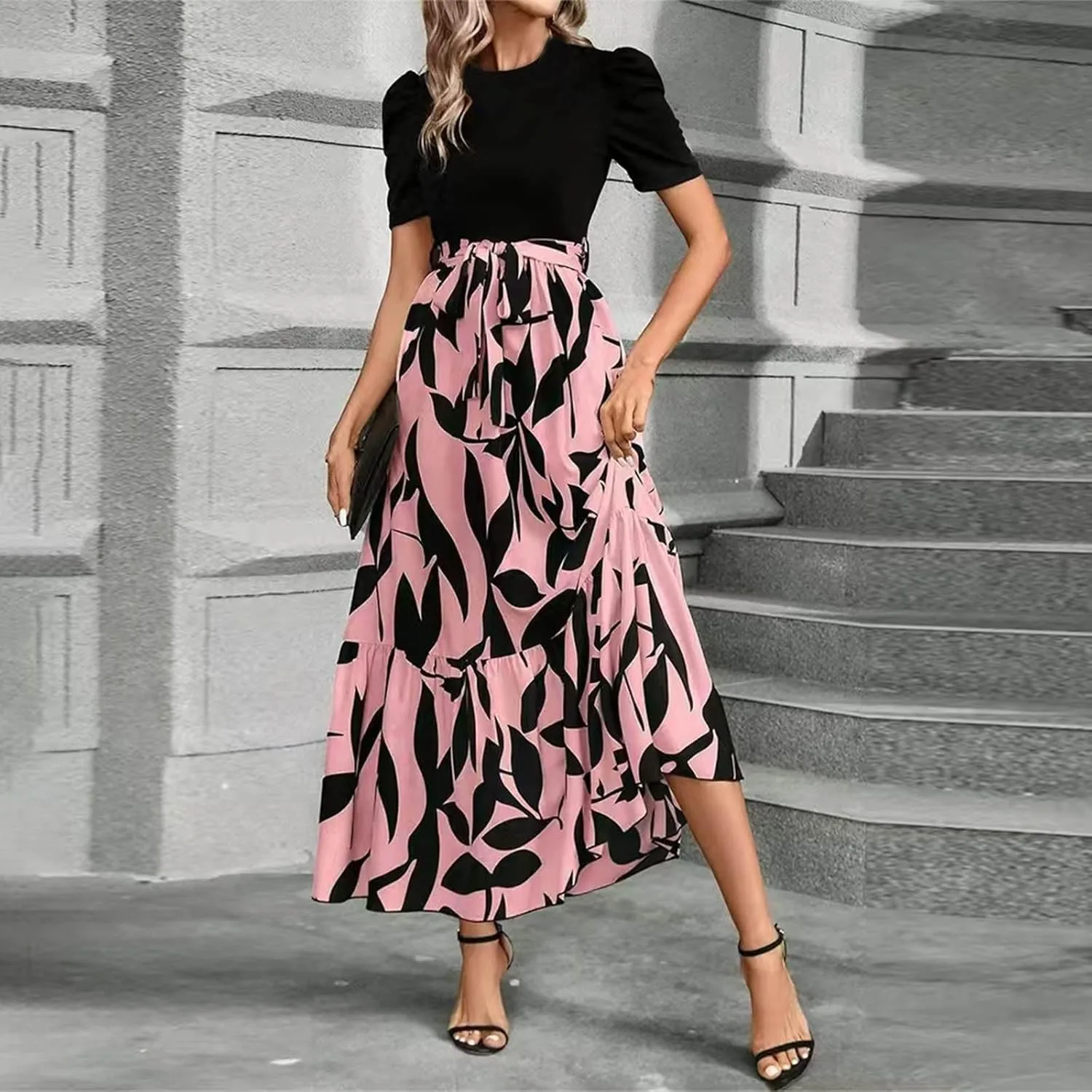 Wedding Guest Dresses for Women Summer Short Sleeve Floral Long Dress Elegant Party Cocktail A Line Flowy Maxi Dress