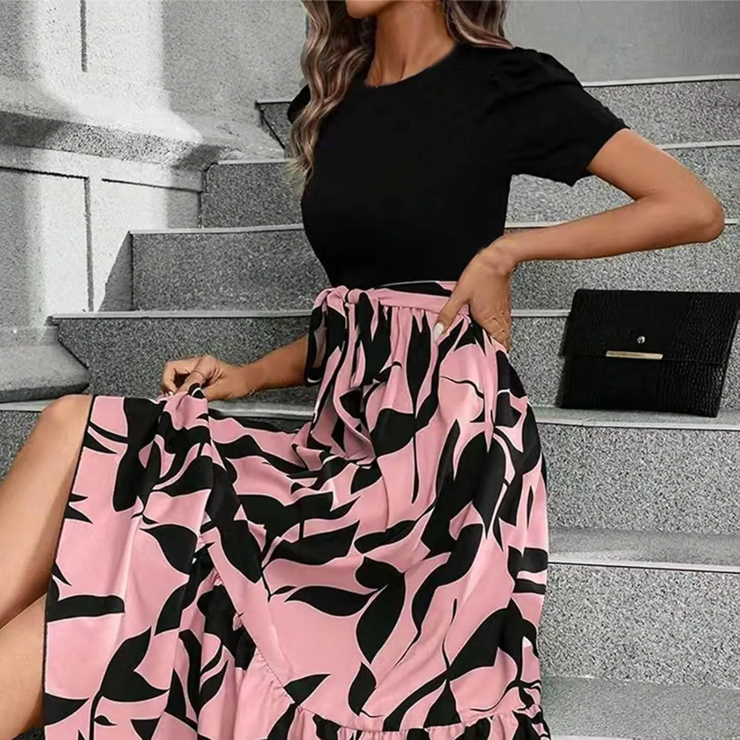 Wedding Guest Dresses for Women Summer Short Sleeve Floral Long Dress Elegant Party Cocktail A Line Flowy Maxi Dress