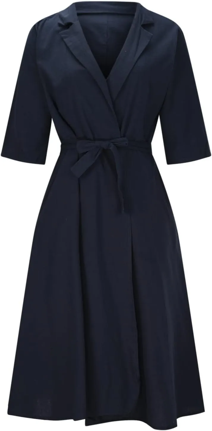 Women Summer Cotton Linen Dresses Wrap V Neck Tie Waist Half Sleeve Casual Elegant Formal Work Shirt Dress with Pocket