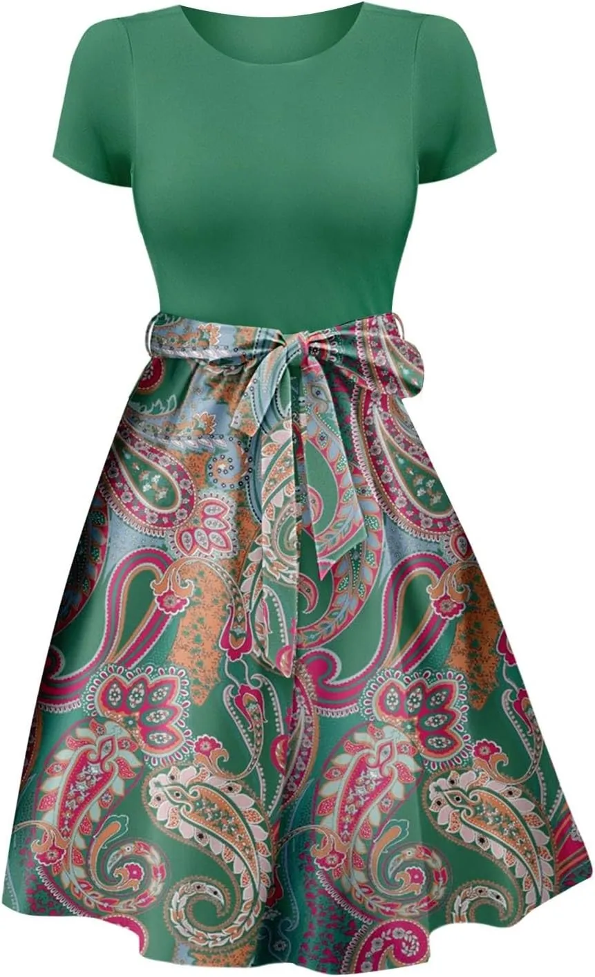 Women Summer Floral Dresses Tie Belted Patchwork Elegant Boho Empire Waist Short Sleeve Midi Length Flowy Maxi Dress