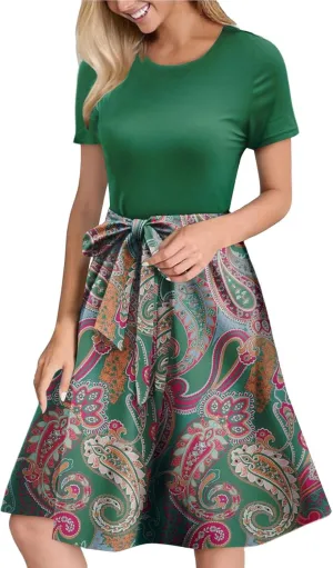 Women Summer Floral Dresses Tie Belted Patchwork Elegant Boho Empire Waist Short Sleeve Midi Length Flowy Maxi Dress