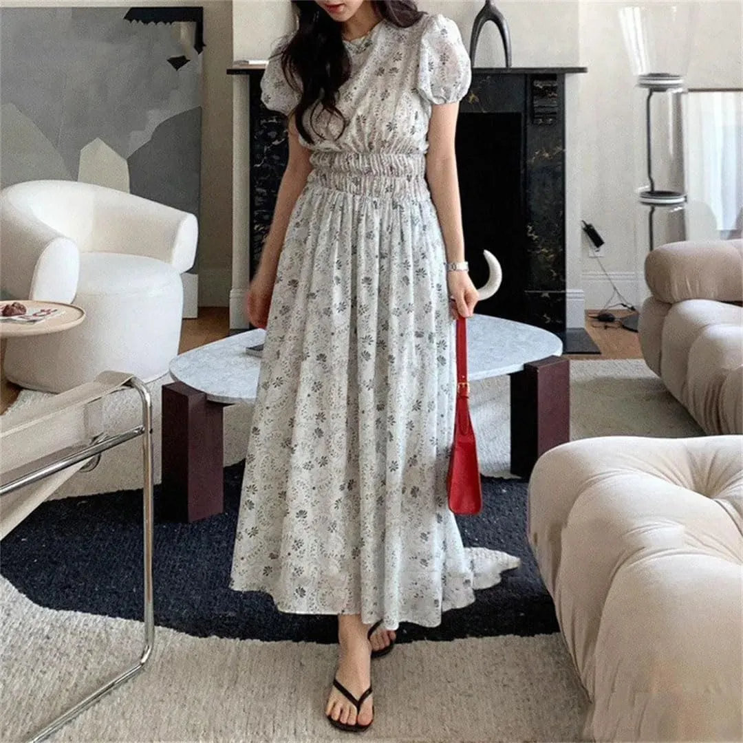 Women Vintage Floral Dress Waist Puff Sleeve A-Line Vestidos Dress
