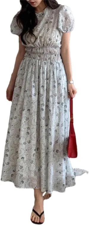 Women Vintage Floral Dress Waist Puff Sleeve A-Line Vestidos Dress