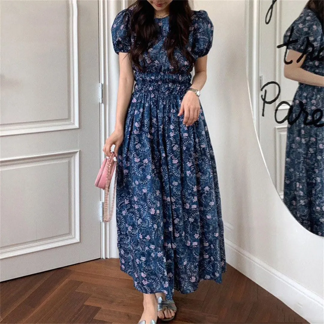 Women Vintage Floral Dress Waist Puff Sleeve A-Line Vestidos Dress